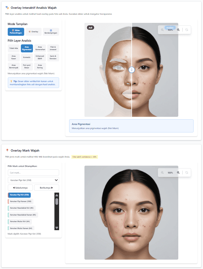 Visualisasi overlay interaktif AI skin analysis